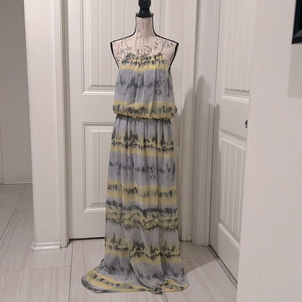 BETSEY JOHNSON MAXI TIE BACK MAXI GRAY YELLOW HALTER SHEER FLOWY BOHO DRESS SZ 8
